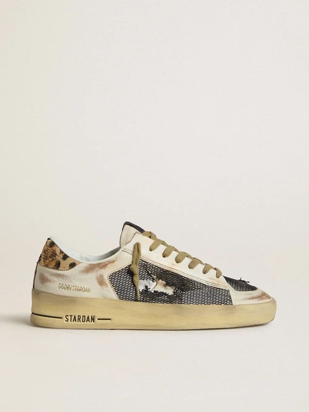 Stardan für Damen aus Nappa und Mesh mit Fersenlasche aus Ponyfell mit Leopardenmuster