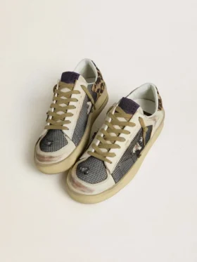 Stardan für Damen aus Nappa und Mesh mit Fersenlasche aus Ponyfell mit Leopardenmuster