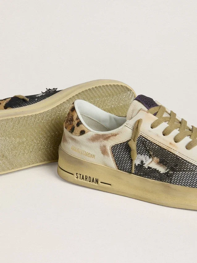 Stardan für Damen aus Nappa und Mesh mit Fersenlasche aus Ponyfell mit Leopardenmuster