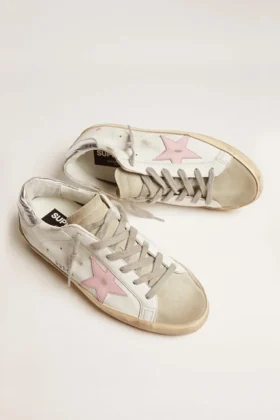 Super-Star aus Leder für Damen mit rosa Stern und silberner Fersenlasche