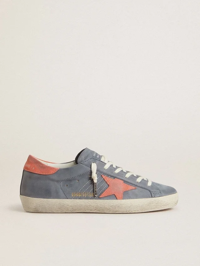 Super-Star für Damen aus blauem Nubukleder mit rosa Stern aus Wildleder und Fersenlasche