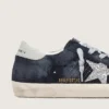 Super-Star für Damen aus blauem Wildleder mit silbernem Glitzerstern und Lederlasche an der Ferse