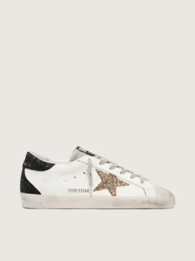 Super-Star für Damen aus Nappaleder mit goldenem Glitzerstern und schwarzer Glitzer-Fersenlasche