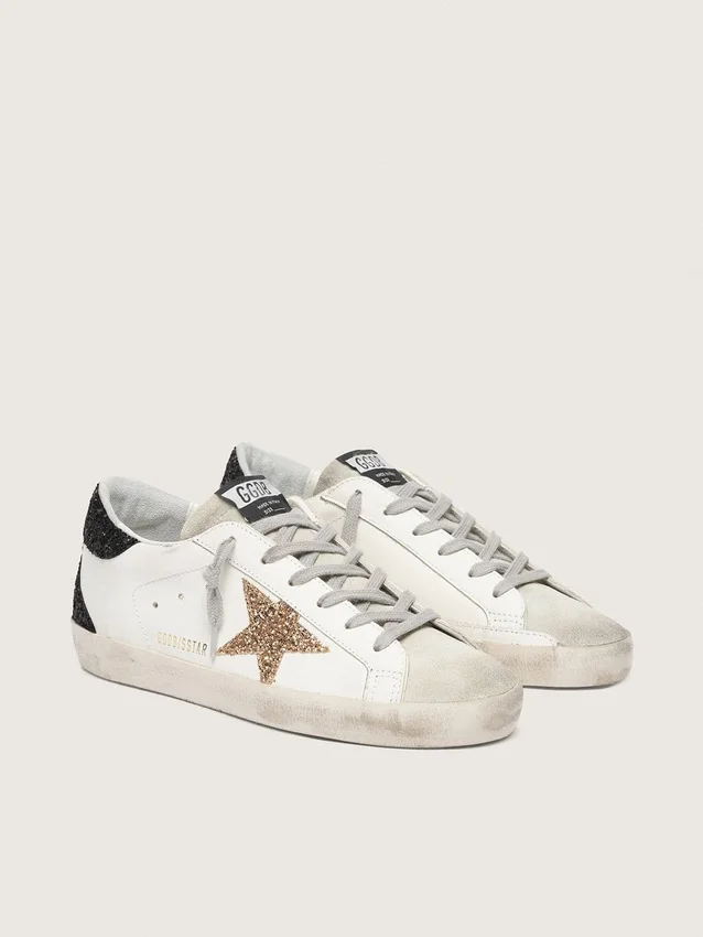 Super-Star für Damen aus Nappaleder mit goldenem Glitzerstern und schwarzer Glitzer-Fersenlasche