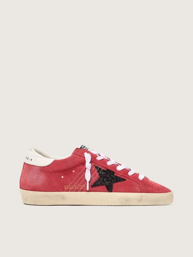 Super-Star für Damen aus rotem Wildleder mit Glitzerstern und weisser Fersenlasche