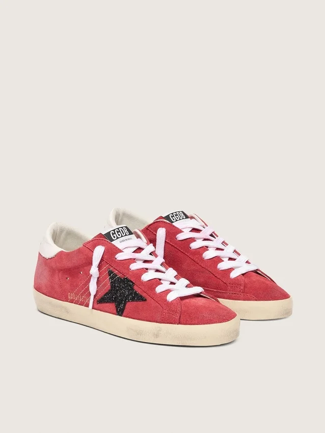 Super-Star für Damen aus rotem Wildleder mit Glitzerstern und weisser Fersenlasche