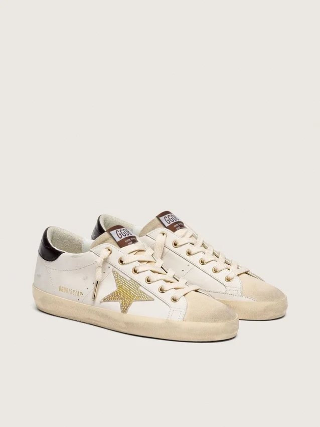 Super-Star für Damen aus weissem Leder mit goldenem Swarovski-Stern