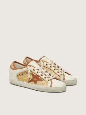 Super-Star für Damen aus weissem Leder und Raffia mit ziegelrotem Stern und Einsätzen