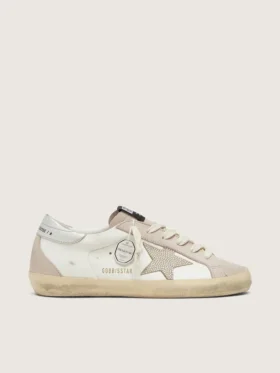 Super-Star für Damen aus weissem und puderrosa Leder mit silbernem Swarovski-Kristallstern