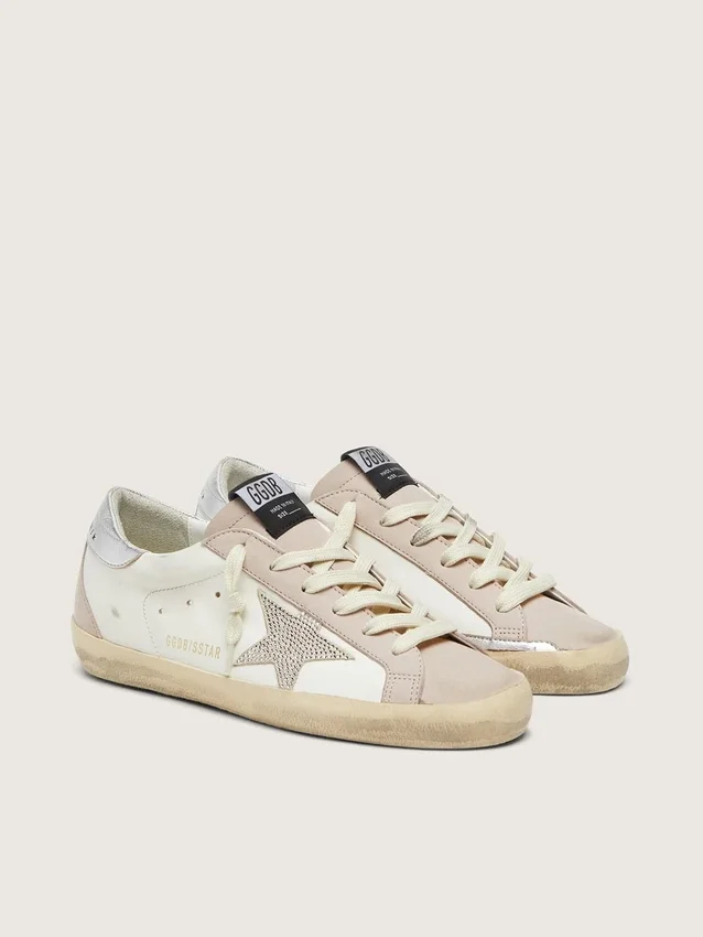Super-Star für Damen aus weissem und puderrosa Leder mit silbernem Swarovski-Kristallstern