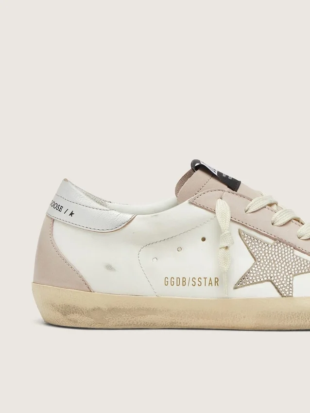 Super-Star für Damen aus weissem und puderrosa Leder mit silbernem Swarovski-Kristallstern