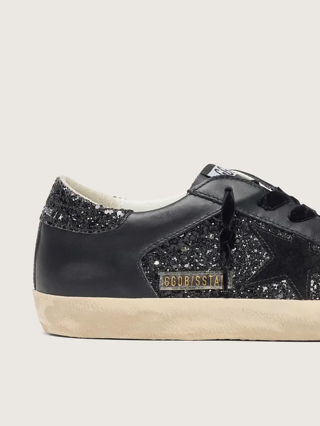Super-Star für Damen in schwarzem Glitzer mit schwarzem Stern aus Wildleder und Ledereinsätzen