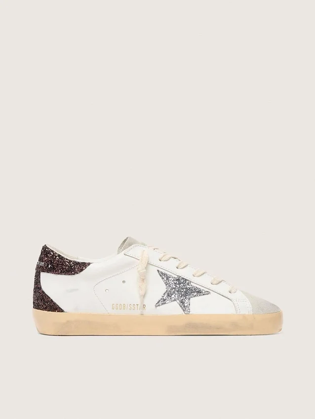 Super-Star für Damen mit silbernem Glitzerstern und brauner Glitzer-Fersenlasche