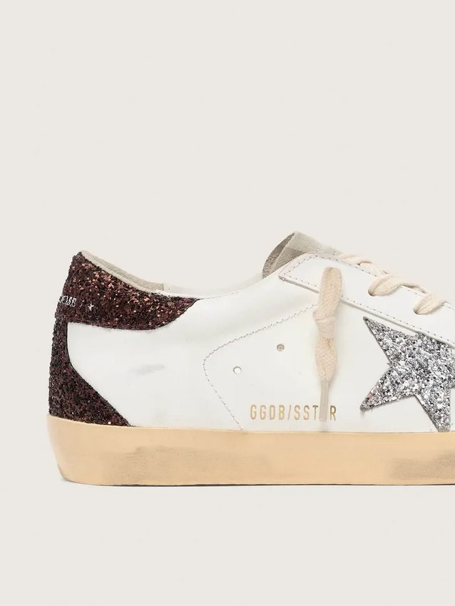 Super-Star für Damen mit silbernem Glitzerstern und brauner Glitzer-Fersenlasche