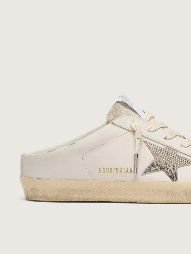 Super-Star Sabots für Damen aus weissem Leder mit Swarovski-Stern