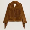 Tabakfarbene Wildlederjacke für Damen mit Fransen