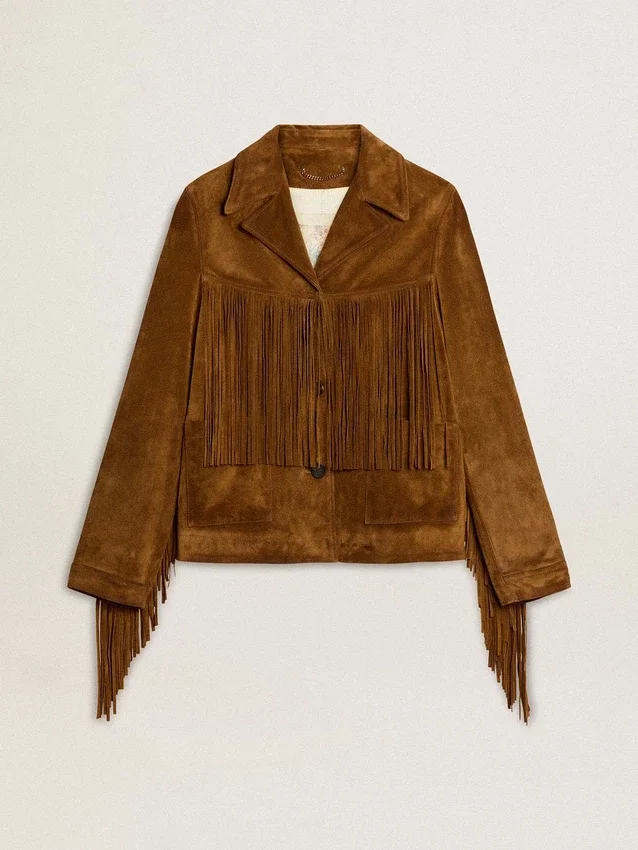 Tabakfarbene Wildlederjacke für Damen mit Fransen