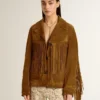 Tabakfarbene Wildlederjacke für Damen mit Fransen