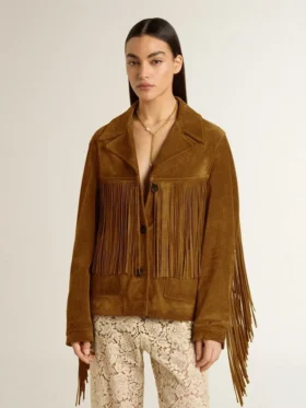 Tabakfarbene Wildlederjacke für Damen mit Fransen