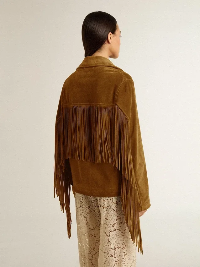 Tabakfarbene Wildlederjacke für Damen mit Fransen