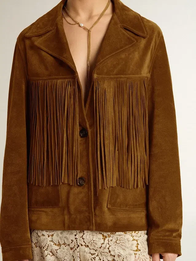 Tabakfarbene Wildlederjacke für Damen mit Fransen