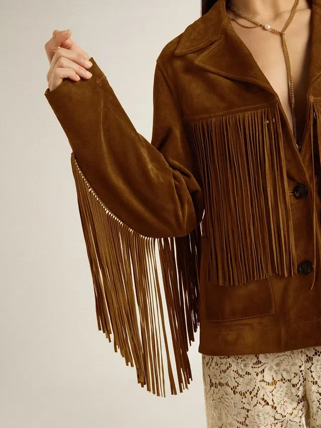 Tabakfarbene Wildlederjacke für Damen mit Fransen