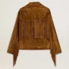 Tabakfarbene Wildlederjacke für Damen mit Fransen