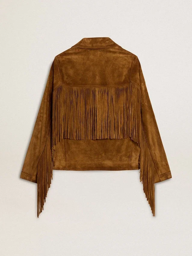 Tabakfarbene Wildlederjacke für Damen mit Fransen