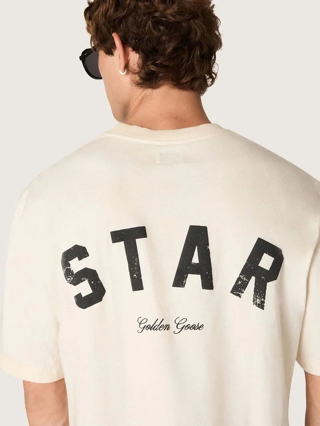 Unisex-Baumwoll-Hemd «Star» in Vintage-Weiss mit schwarzem Aufdruck auf der Rückseite