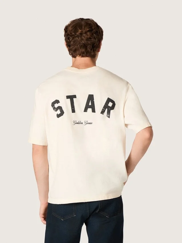 Unisex-Baumwoll-Hemd «Star» in Vintage-Weiss mit schwarzem Aufdruck auf der Rückseite