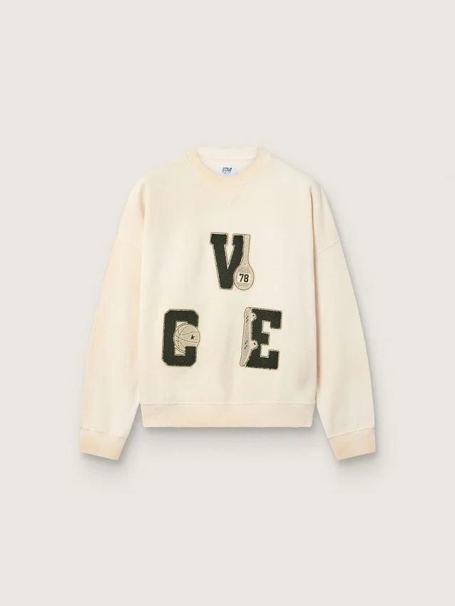 Unisex-Baumwoll-Sweatshirt «Star» in Vintage-Weiss mit gestickten VCE-Aufnähern