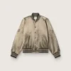 Unisex-Bomberjacke aus grünem Satin mit gerippten Säumen und Kragen