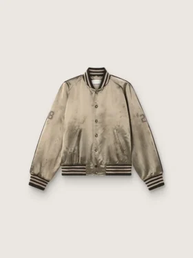 Unisex-Bomberjacke aus grünem Satin mit gerippten Säumen und Kragen