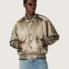 Unisex-Bomberjacke aus grünem Satin mit gerippten Säumen und Kragen