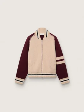 Unisex-Bomberjacke aus weissem und burgunderrotem Jacquard-Strick