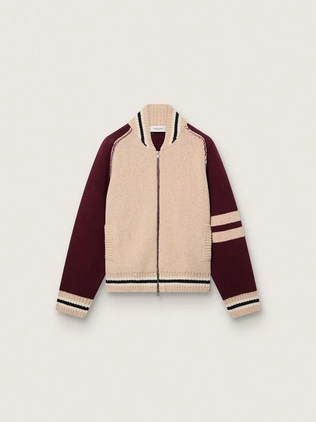 Unisex-Bomberjacke aus weissem und burgunderrotem Jacquard-Strick