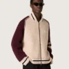 Unisex-Bomberjacke aus weissem und burgunderrotem Jacquard-Strick