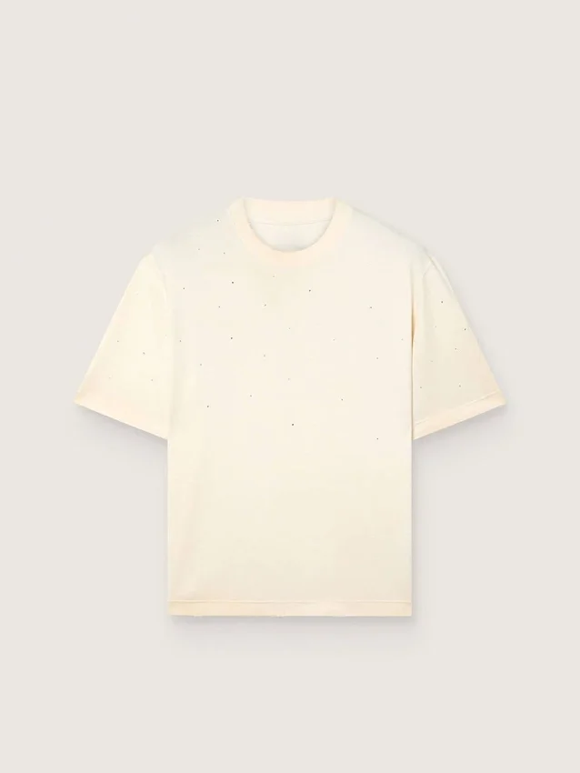 Unisex-Hemd «Star» aus weisser Baumwolle mit durchgehenden Kristallen im Farbverlauf und Aufdruck auf der Rückseite