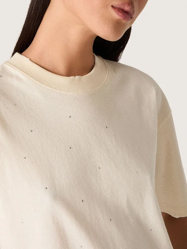 Unisex-Hemd «Star» aus weisser Baumwolle mit durchgehenden Kristallen im Farbverlauf und Aufdruck auf der Rückseite