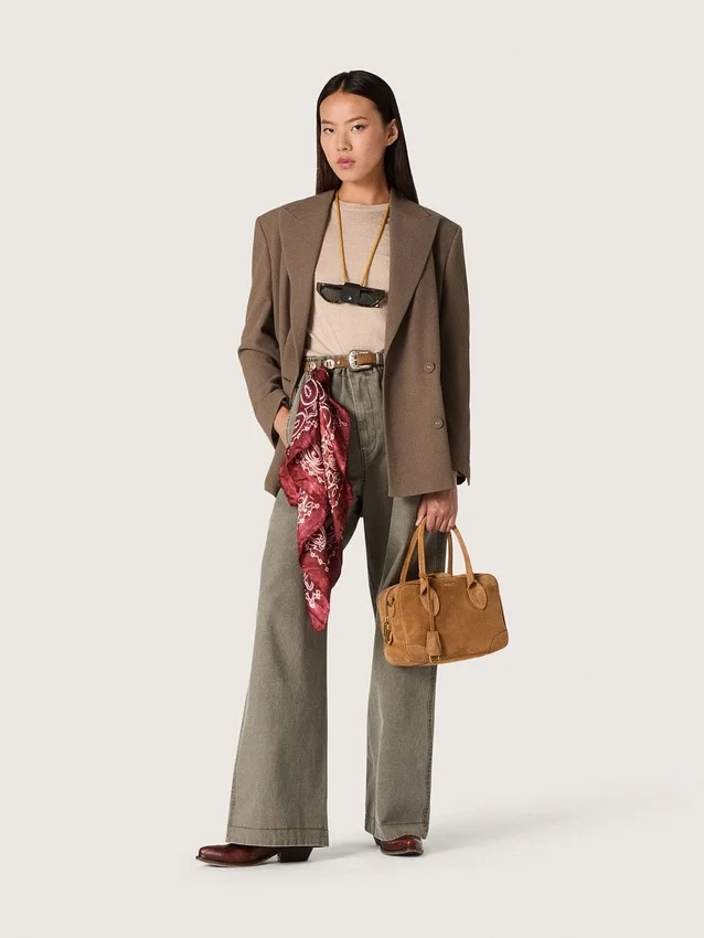 Doppelreihiger Damen-Blazer aus taubengrauer Chevron-Wollmischung