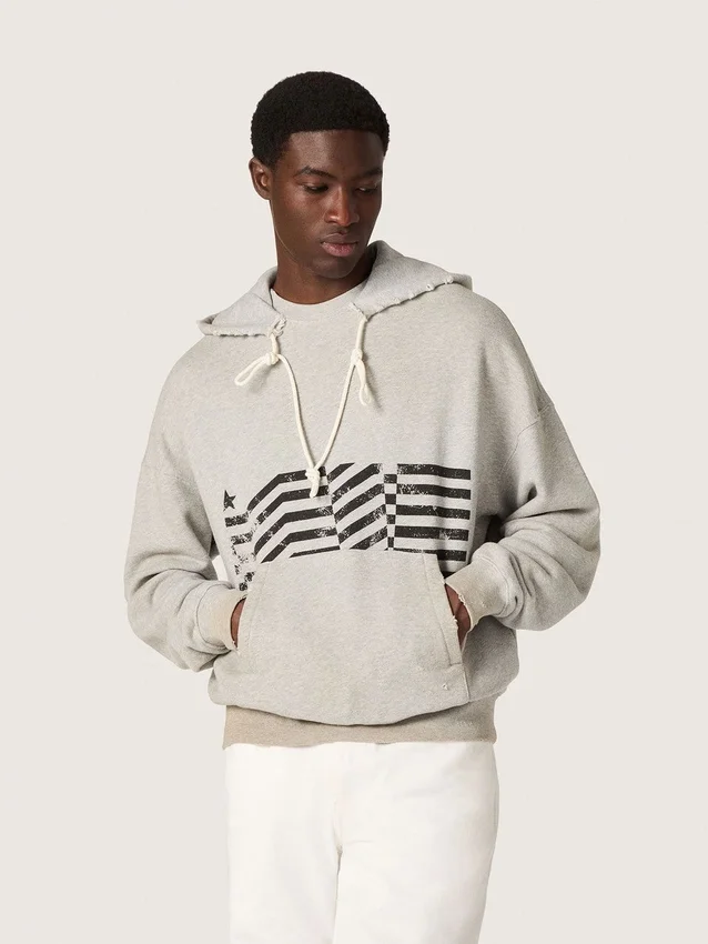Unisex-Kapuzen-Sweatshirt aus grauer Baumwolle mit Vintage-Flaggenprint