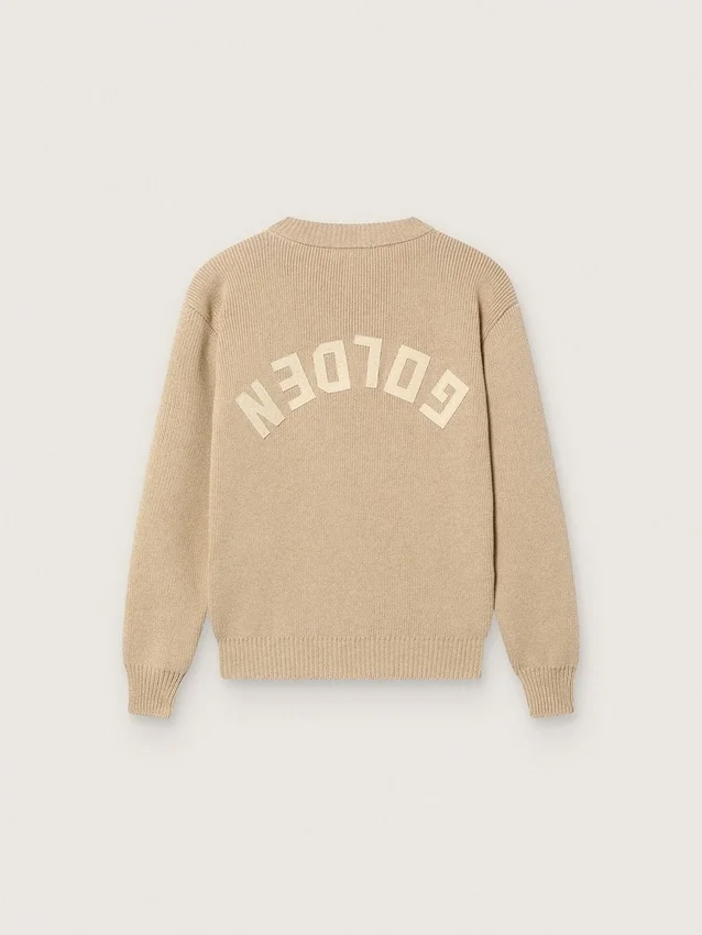 Unisex-Pullover für Kinder in Goldbeige mit Rippmuster und Logo auf dem Rücken