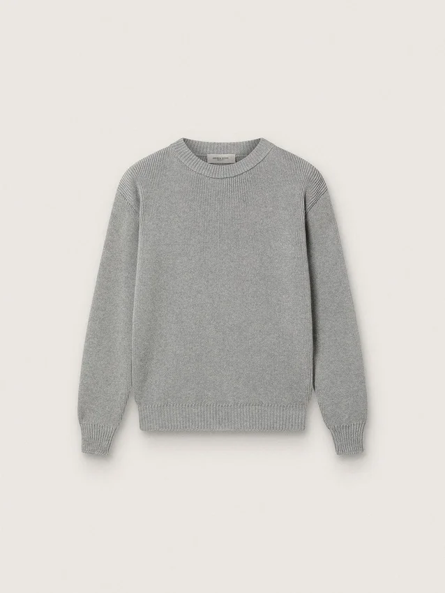 Unisex-Pullover «Golden» für Kinder aus grau meliertem Rippstrick mit Logo auf der Rückseite
