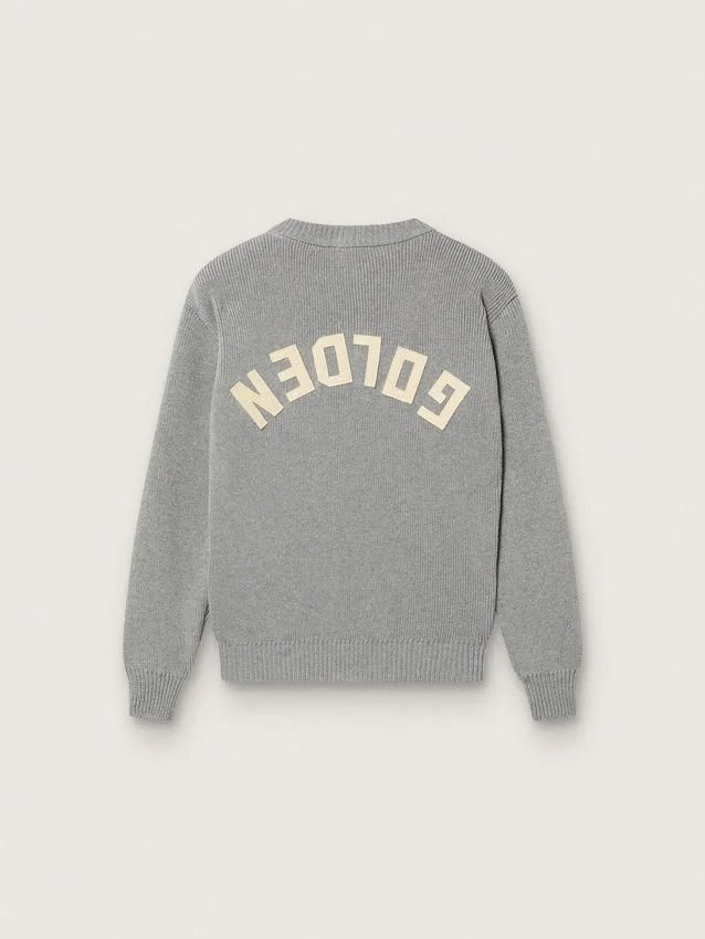 Unisex-Pullover «Golden» für Kinder aus grau meliertem Rippstrick mit Logo auf der Rückseite