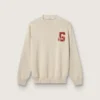 Unisex-Pullover mit Rundhalsausschnitt aus beiger Baumwolle mit Aufnäher auf der Vorderseite und Logo auf der Rückseite