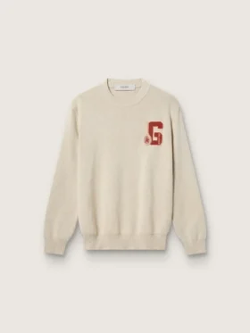 Unisex-Pullover mit Rundhalsausschnitt aus beiger Baumwolle mit Aufnäher auf der Vorderseite und Logo auf der Rückseite