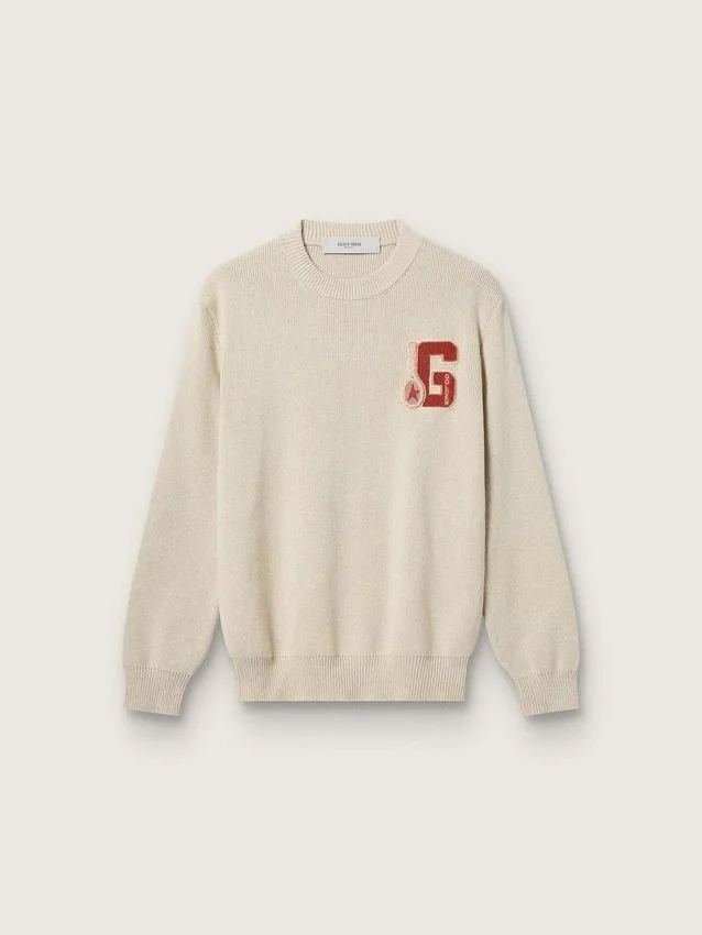 Unisex-Pullover mit Rundhalsausschnitt aus beiger Baumwolle mit Aufnäher auf der Vorderseite und Logo auf der Rückseite