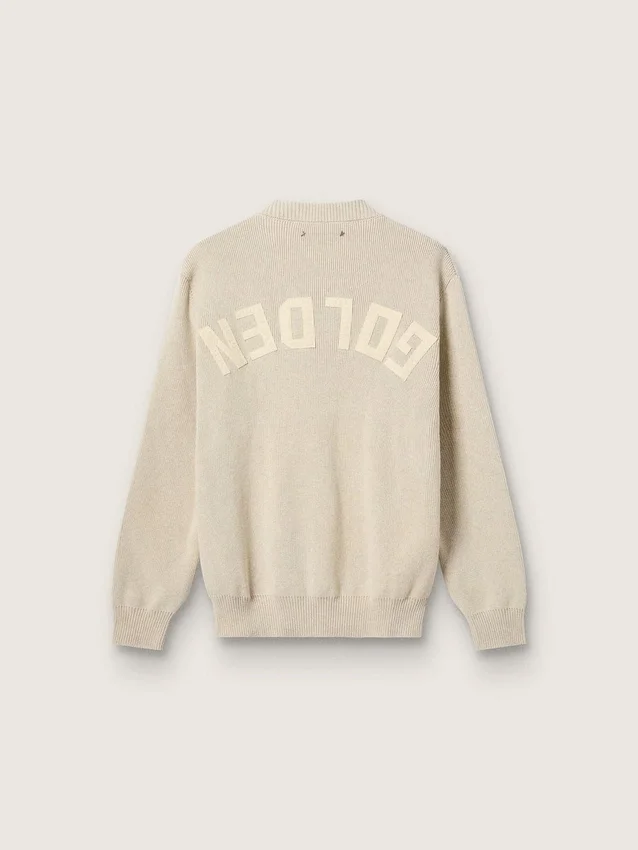 Unisex-Pullover mit Rundhalsausschnitt aus beiger Baumwolle mit Aufnäher auf der Vorderseite und Logo auf der Rückseite