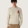 Unisex-Pullover mit Rundhalsausschnitt aus beiger Baumwolle mit Aufnäher auf der Vorderseite und Logo auf der Rückseite