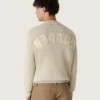 Unisex-Pullover mit Rundhalsausschnitt aus beiger Baumwolle mit Aufnäher auf der Vorderseite und Logo auf der Rückseite